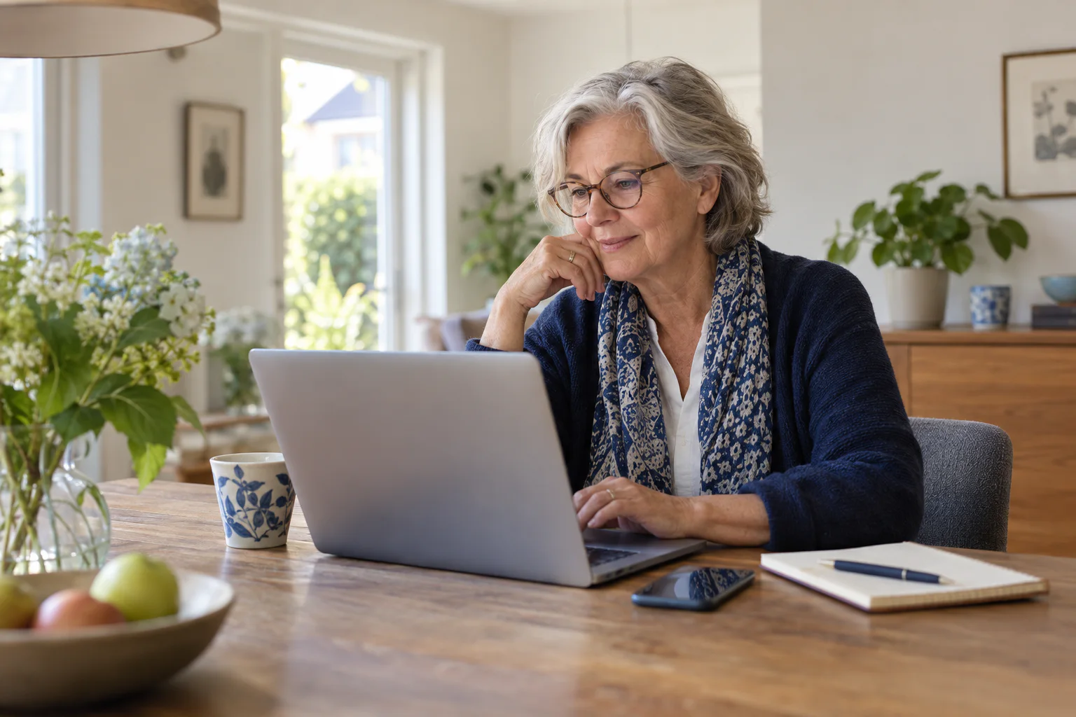 Een oudere vrouw gebruikt thuis rustig haar laptop, met haar telefoon en notitieboek binnen handbereik.